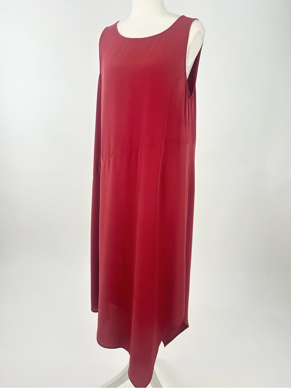 Eileen Fisher 100% Silk Asymmetrical Midi Dress M Cinnabar Red